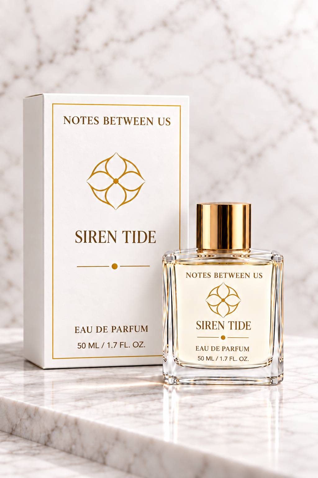 Notes Between Us Siren Tide Eau de Parfum bottle and white box with gold accents on a marble surface.